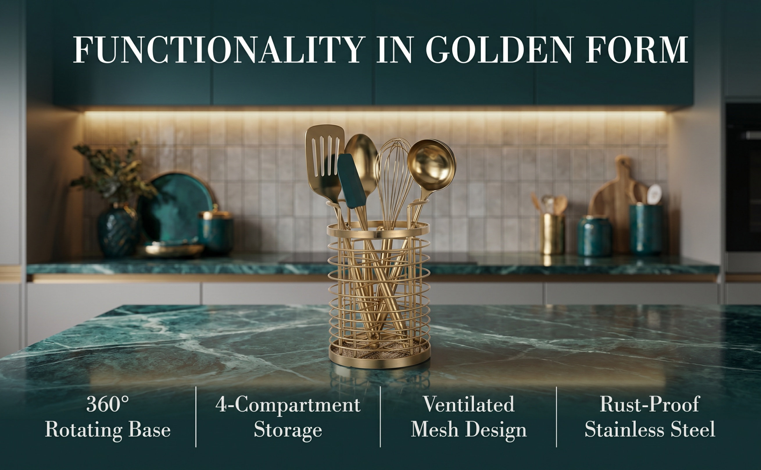 Kitchen Utensil Holder - Dönen Mutfak Gereçleri Tutacağı, Paslanmaz Çelik,